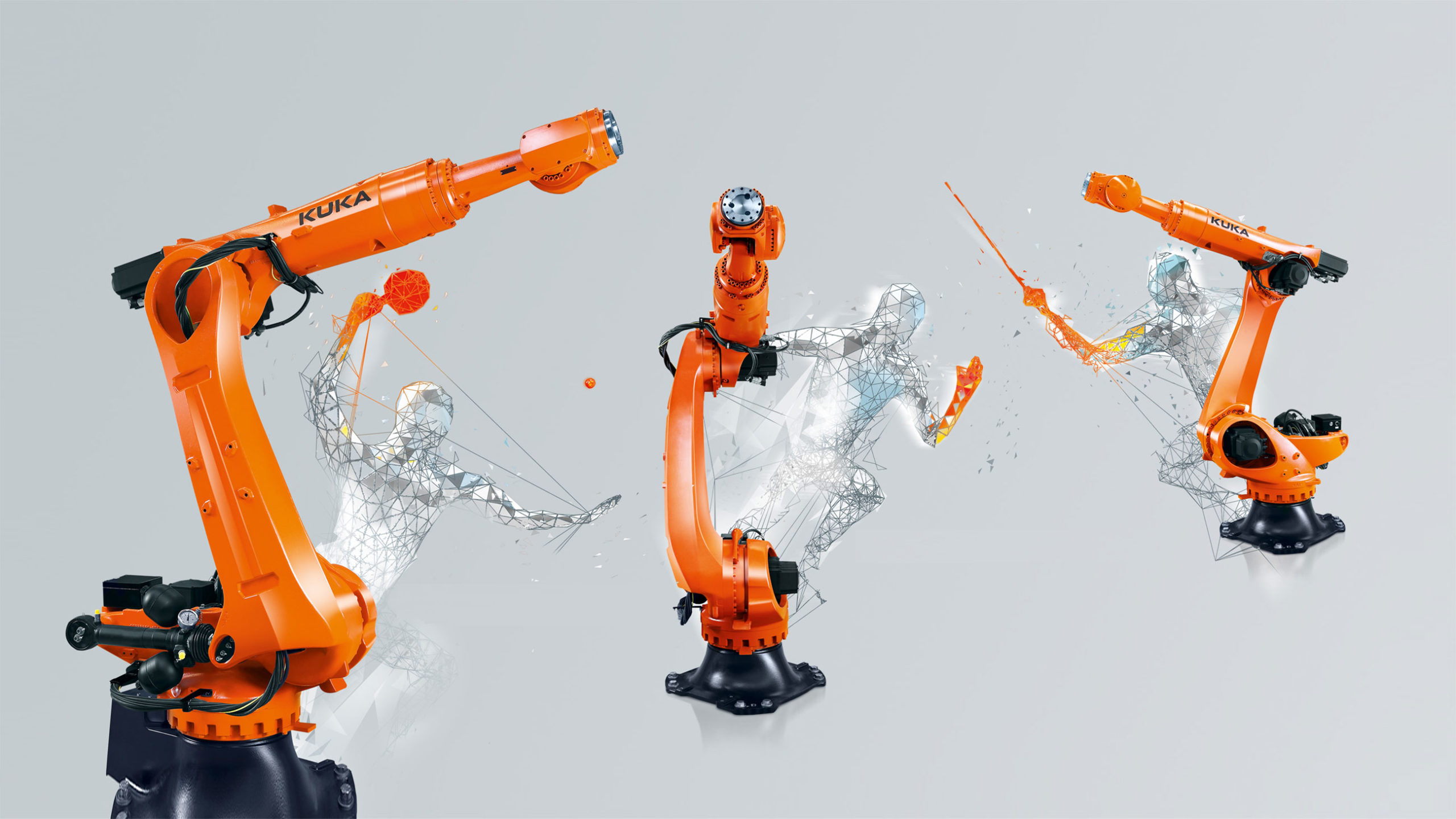 Zdjęcie przedstawia 3 jednoramienne roboty firmy KUKA